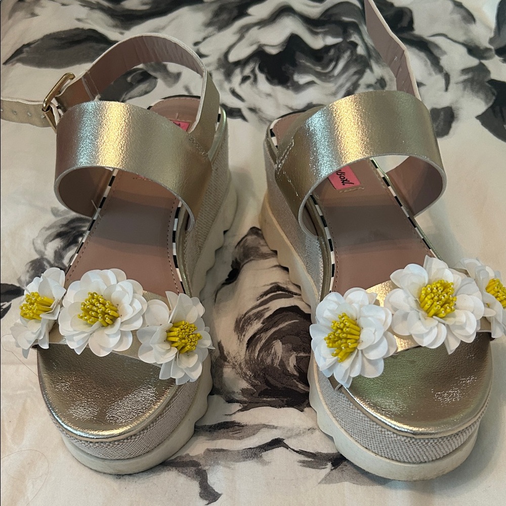 Betsey Johnson Gold Sandals with White Floral Accents